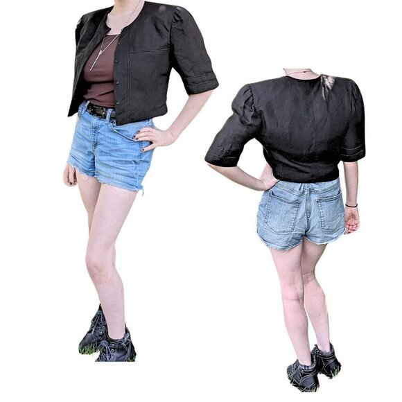 Rare Vtg 80s EMPORIO ARMANI Linen-Blend Black Cropped Jacket Size IT 46/ US 10 - Picture 9 of 12